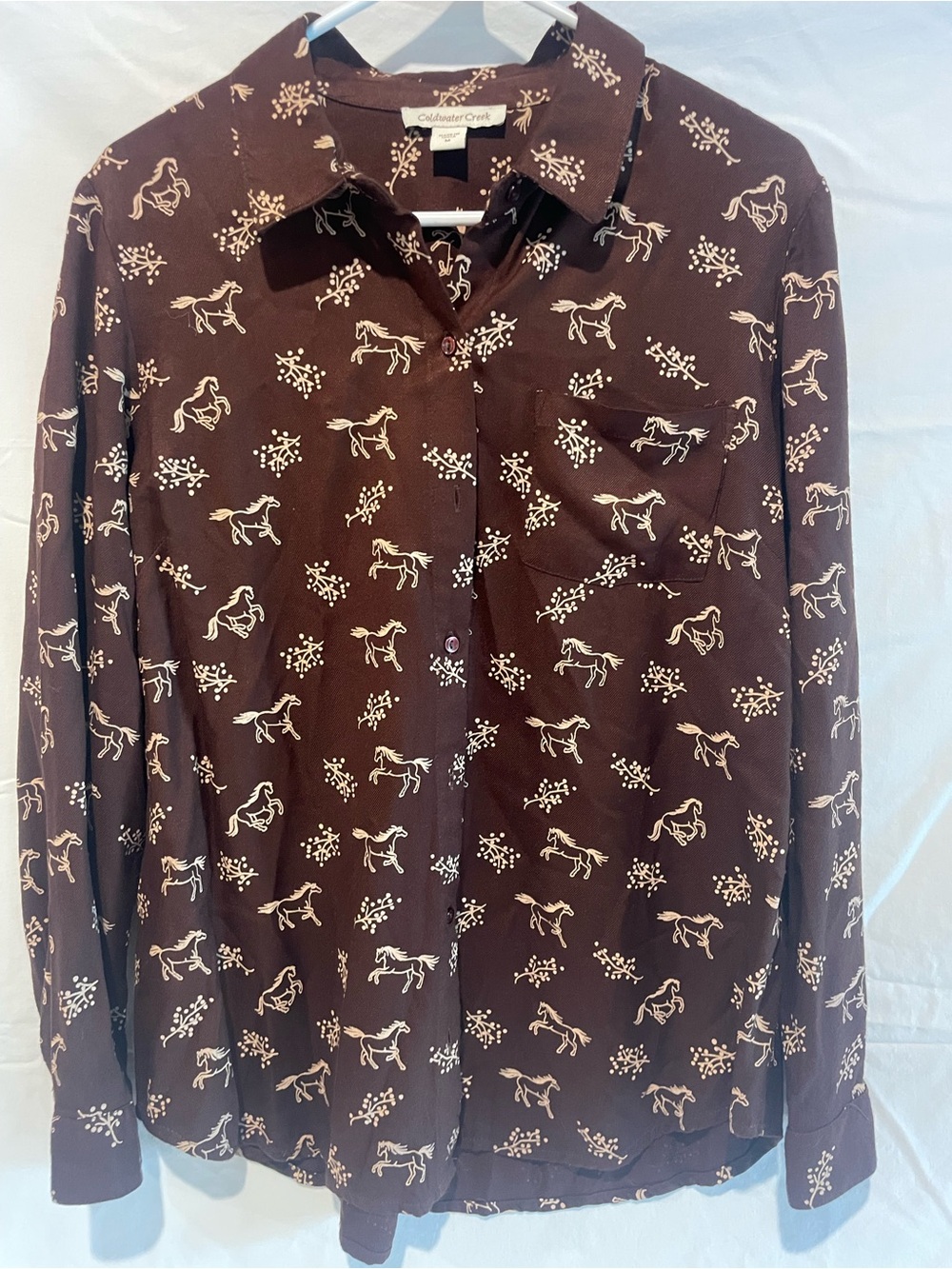 Coldwater Creek western Brown Button-Down Shirt with Cream Horse Print